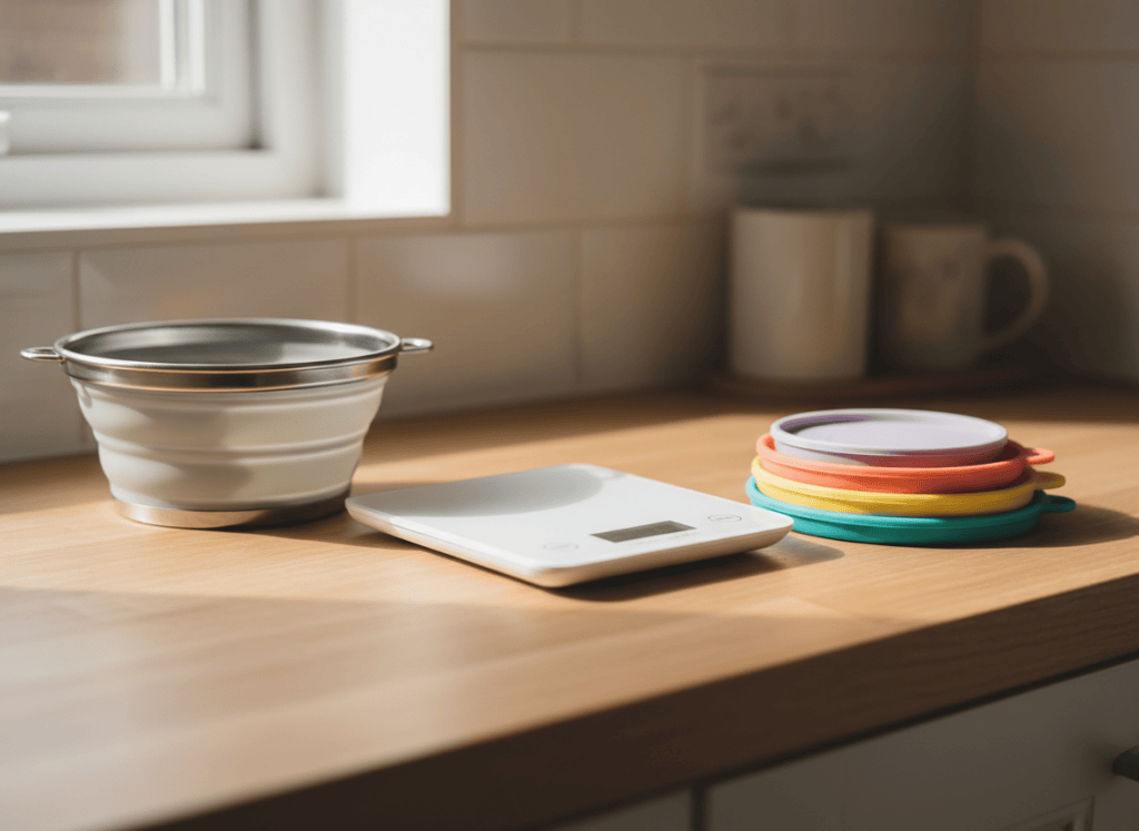 A cosy small UK kitchen worktop scene, soft natural daylight from a nearby window, a slim digital kitchen scale, a small stack of colourful silicone lids, and a compact folded colander arranged neatly together on a light wooden worktop, tidy and uncluttered, photographic realism, generic unbranded design, no text, no logos, no brand names