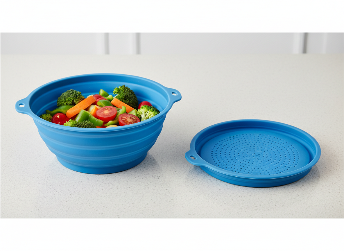 A generic collapsible silicone colander shown expanded and folded flat side by side on a worktop