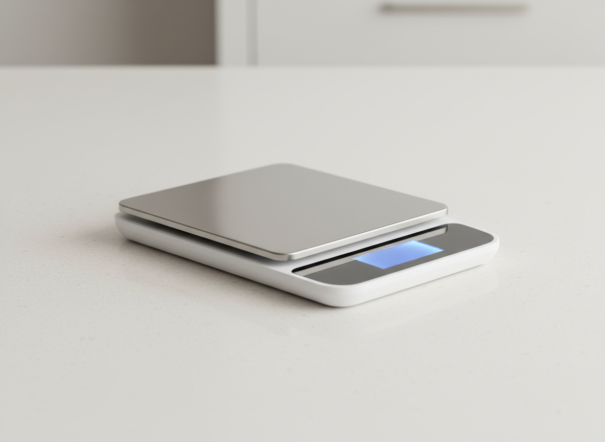 A generic slim digital kitchen scale with a small LCD display and stainless steel platform on a light worktop
