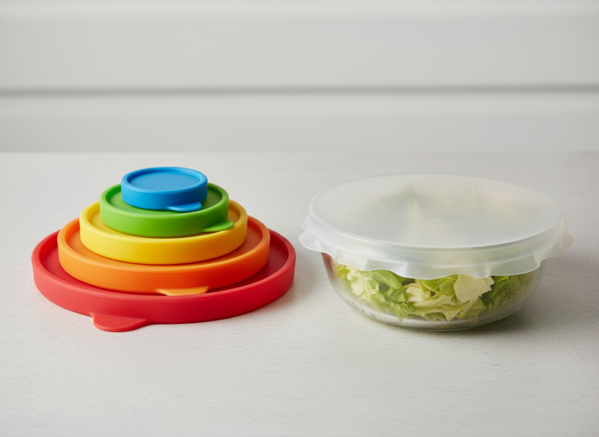 A stack of colourful silicone stretch lids in graduated sizes on a worktop, with one stretched over a glass bowl