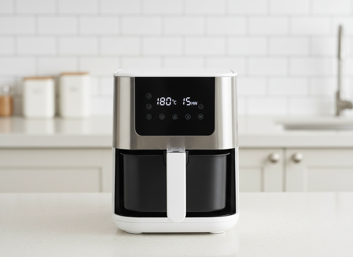 A generic compact air fryer with a digital display and pull-out drawer basket on a worktop