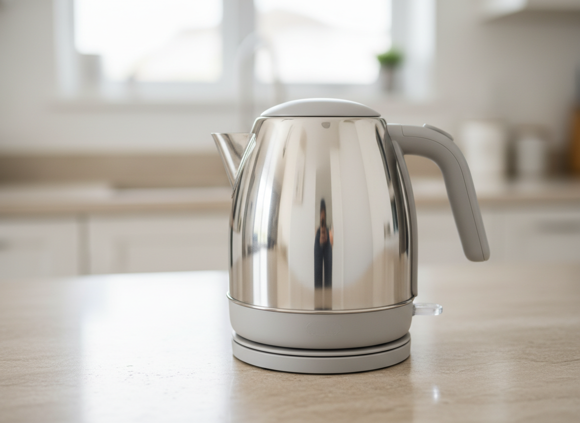 A generic small stainless steel electric kettle on a kitchen worktop