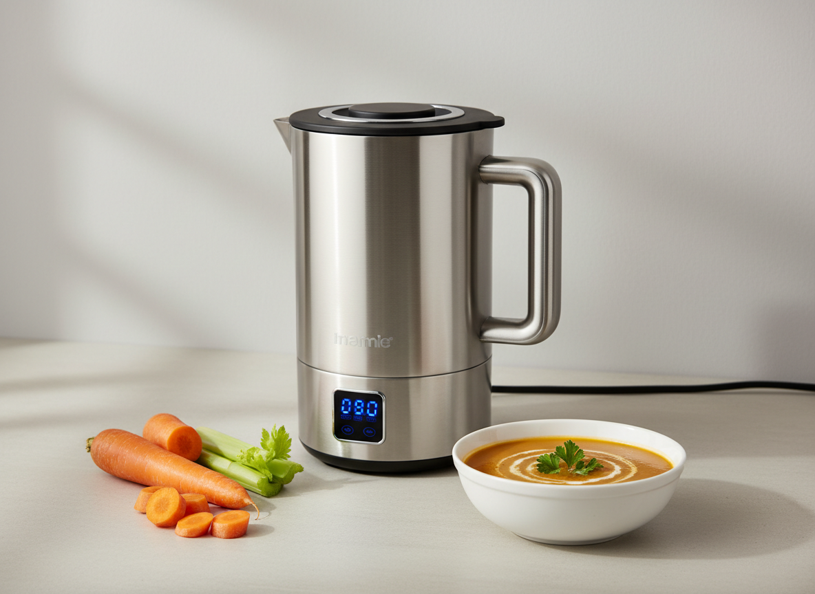 A compact stainless steel soup maker jug with a small digital display beside a bowl of orange vegetable soup on a light worktop