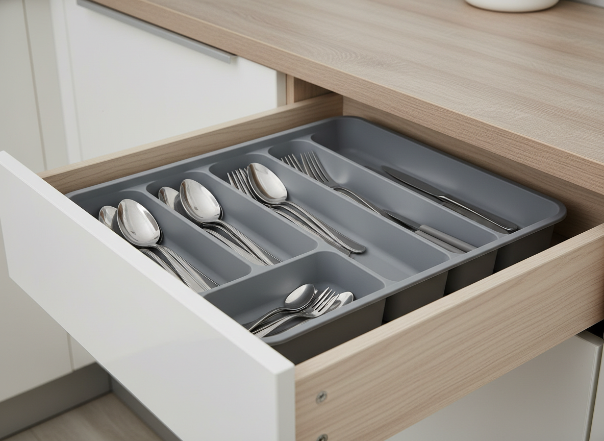 A generic cutlery drawer organiser tray fitted inside an open kitchen drawer