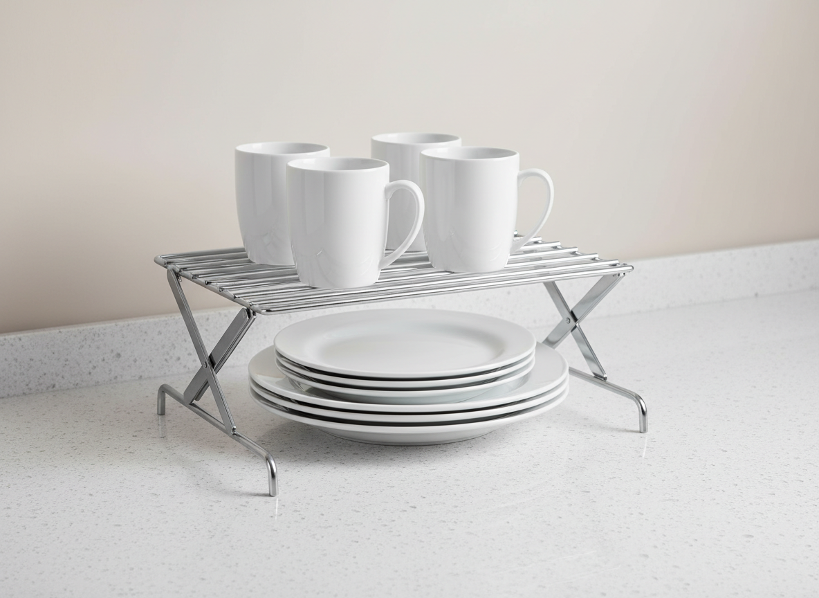 A generic expandable metal shelf riser creating extra space above stacked plates