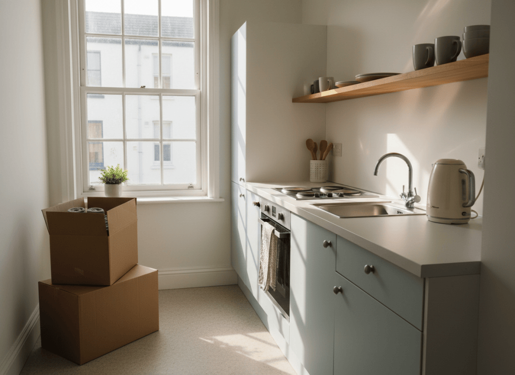 A small rented UK kitchen with moving boxes in the corner and a few basic kitchen items on an open shelf