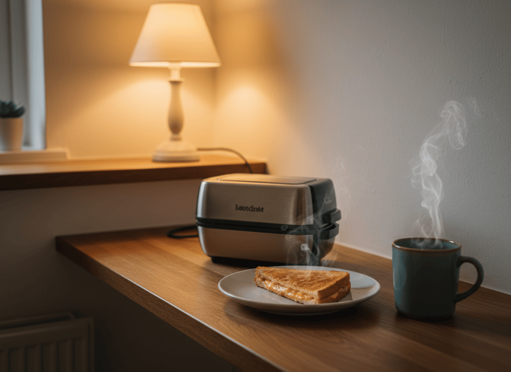 A small cosy kitchen worktop in the evening with a toastie maker, a plate and a mug