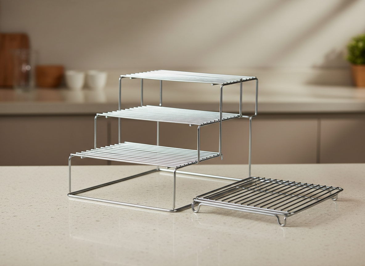 A generic foldable three tier wire cooling rack, partly folded flat