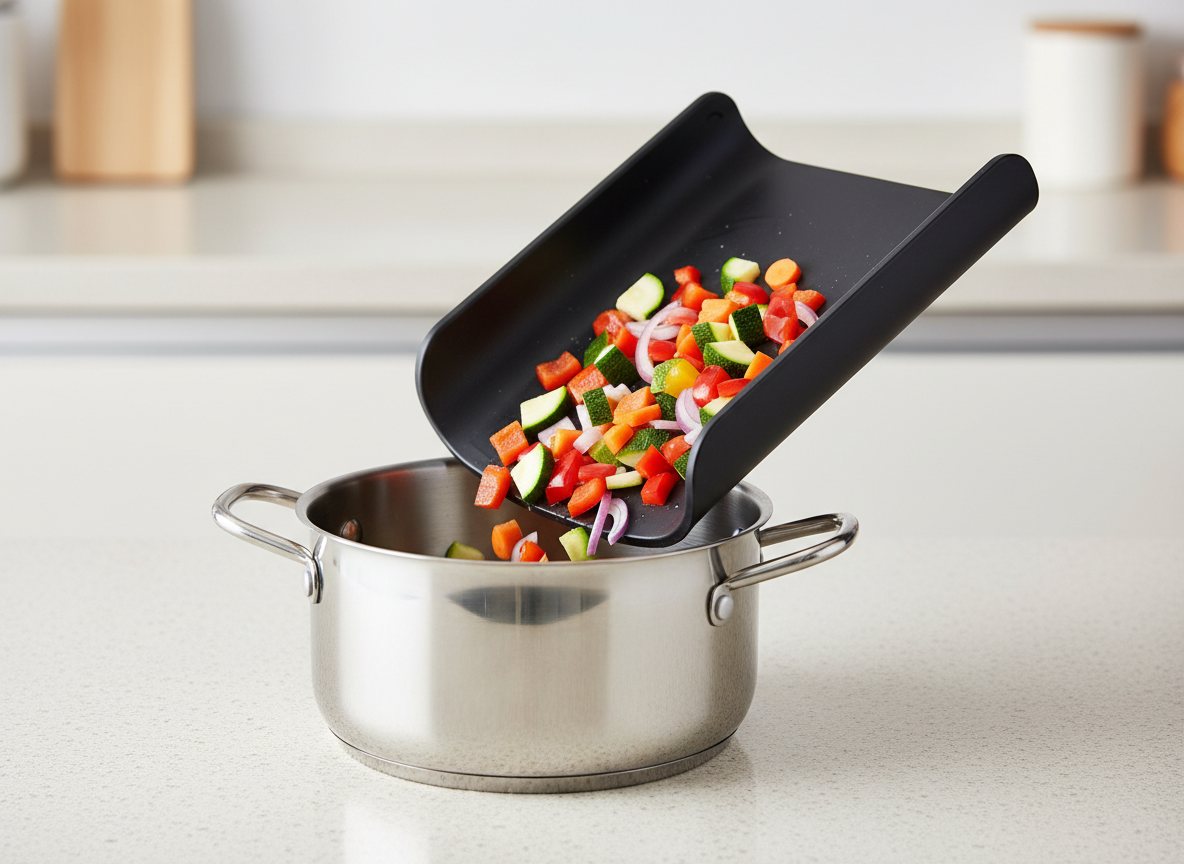 A generic folding chopping board bent to tip vegetables into a saucepan
