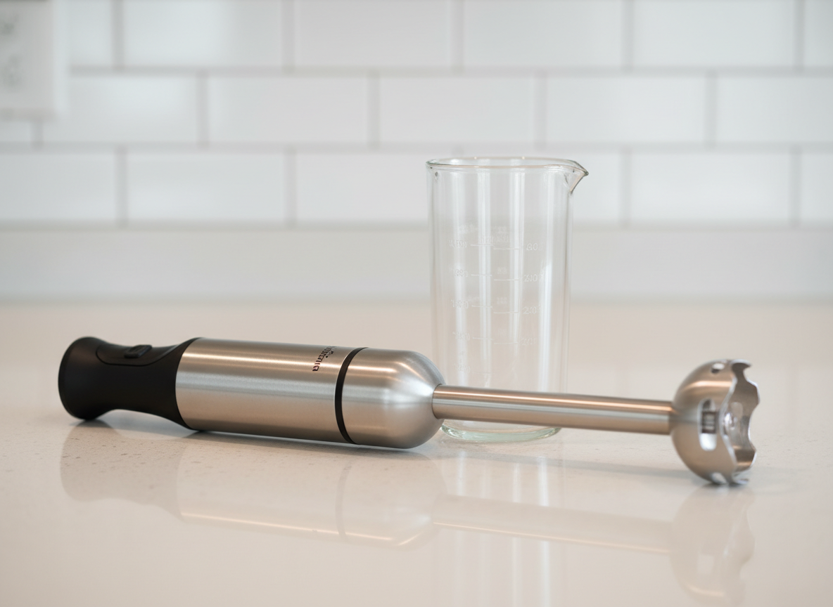 A generic stick hand blender beside a small measuring beaker on a worktop