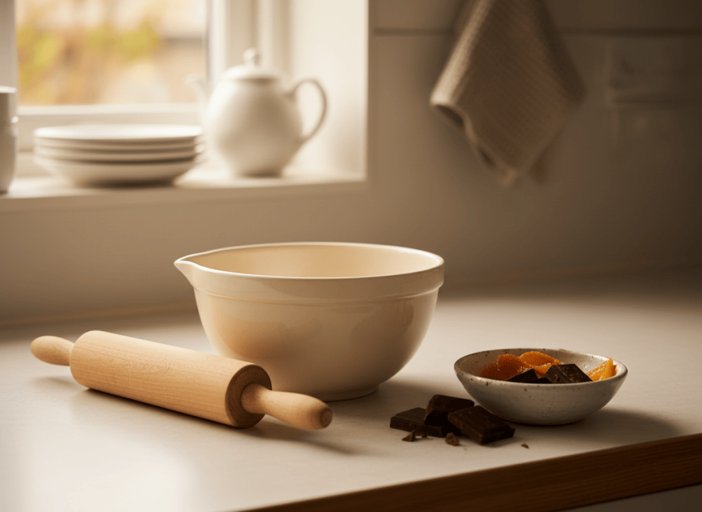 A small autumn kitchen worktop scene with baking items arranged neatly