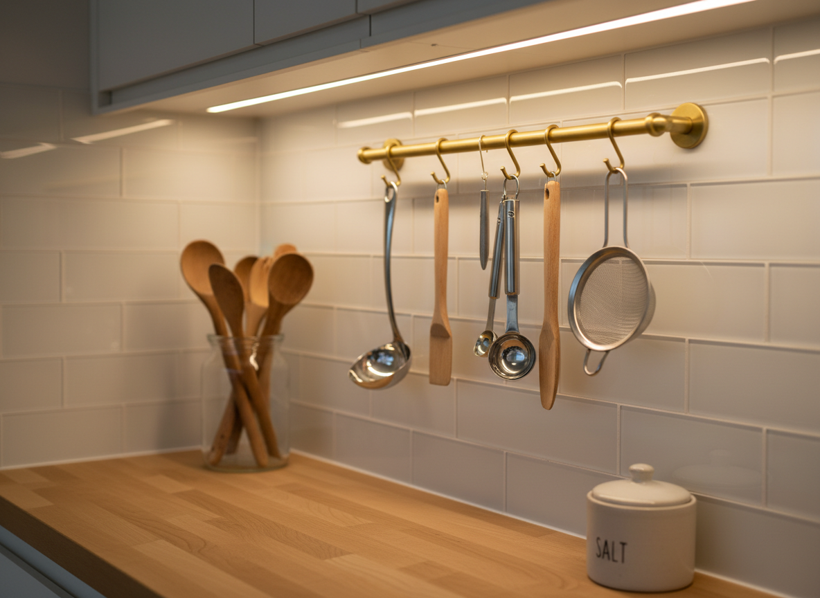 An elegant, wall-mounted rail system in a small galley kitchen, holding a carefully curated selection of compact, multi-purpose utensils: a polished stainless-steel ladle, a slender spatula, measuring spoons that nest together, and a small fine-mesh strainer. Below, a narrow butcher-block counter holds a single glass canister of wooden spoons and a petite, lidded ceramic container for salt. Soft, warm under-cabinet lighting creates refined highlights on the metal and wood, while the pale subway-tile backsplash stays gently out of focus. Photographic, minimalist composition using the rule of thirds, shot at eye level with subtle bokeh, conveying order, efficiency, and quiet sophistication in a tiny but highly functional kitchen.