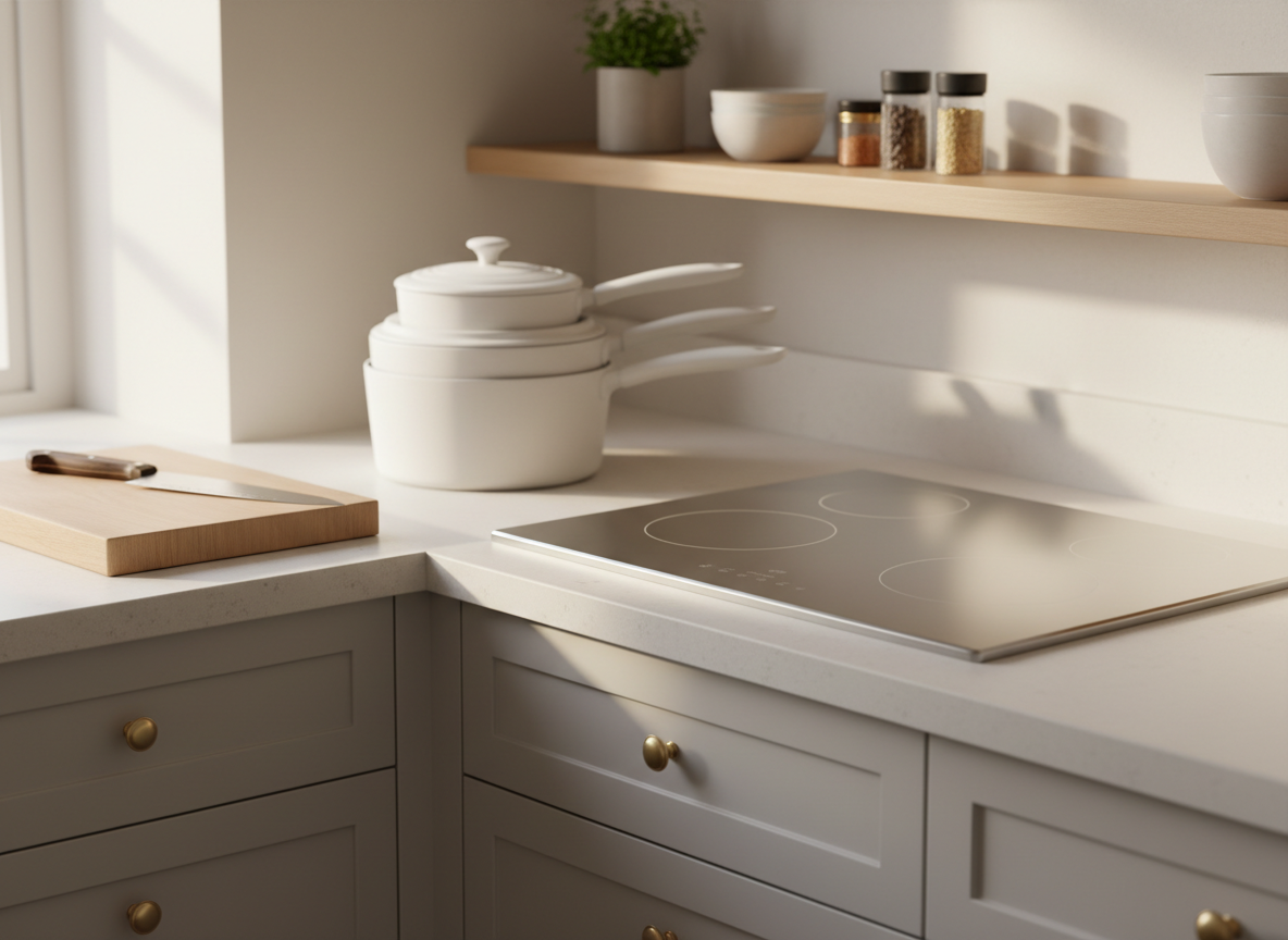 A compact, beautifully organized small kitchen corner featuring a slim stainless-steel induction cooktop, a neatly nested set of matte white saucepans, and a single sharp chef’s knife on a narrow oak chopping board. Everything rests on a pale quartz countertop against soft grey cabinetry with discreet brass knobs. Soft morning daylight filters in from an unseen window, casting gentle, natural shadows and subtle reflections on the metal surfaces. Photographic realism from a slightly elevated, three-quarter angle, with a shallow depth of field that softly blurs the tidy shelves in the background. The mood is calm, sophisticated, and uncluttered, emphasizing that every item has a clear purpose in a cosy, space-conscious kitchen.