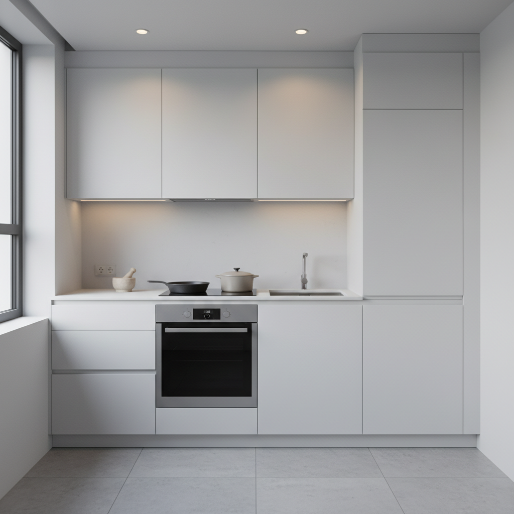 A narrow, L-shaped small kitchen setup with a compact built-in oven, a two-burner induction hob, and a slim pull-out pantry, all in matte white cabinetry with integrated handles. On the counter, only essentials are visible: a single cast-iron skillet, a lidded saucepan, and a small stone mortar and pestle, each in muted, cohesive tones. Cool, diffused daylight from a nearby window combines with soft recessed ceiling lights, producing balanced, realistic illumination without harsh contrasts. Photographic realism from a wide-angle, eye-level perspective that shows the full layout while keeping the frame uncluttered. The mood is quietly efficient and sophisticated, highlighting how well-chosen, multi-functional equipment can make a very small kitchen feel complete and beautifully considered.