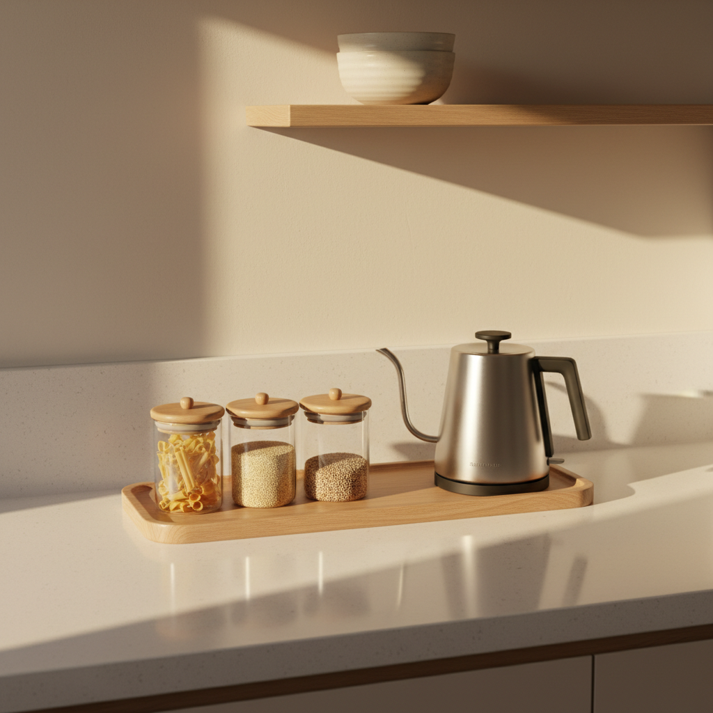 A small, tastefully styled kitchen countertop vignette featuring a compact glass food storage set with airtight wooden lids, a petite stainless-steel electric kettle, and a single, perfectly fitting wooden tray that contains all items. The tray rests on a narrow white quartz countertop against a parchment-colored wall with a simple floating shelf above holding two stacked stoneware bowls. Late afternoon natural light enters from the side, casting long, gentle shadows and a warm glow that enhances the grain of the wood and the clarity of the glass. Photographic realism, shot from a slightly elevated angle with clean, negative space around the objects. The scene feels serene, refined, and intentionally minimal, ideal for conveying beauty and efficiency in a cosy kitchen with limited space.