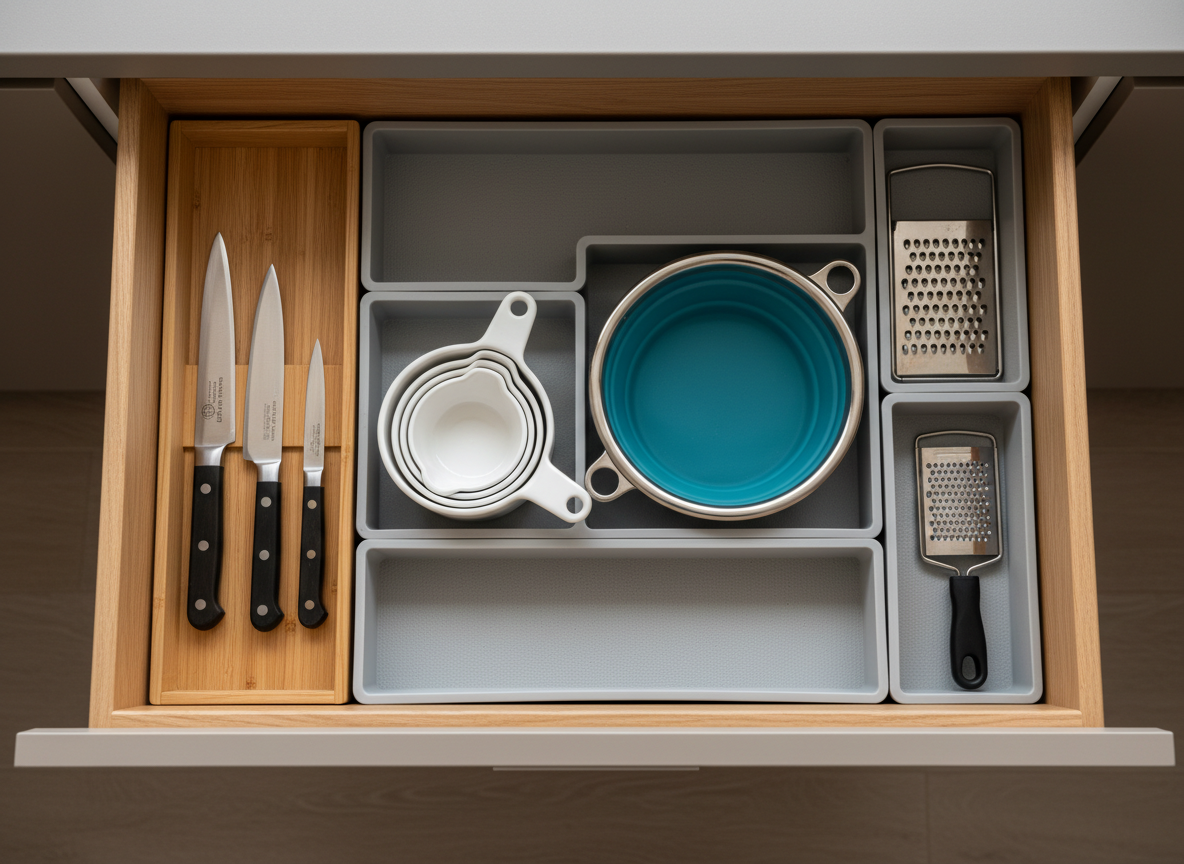 A meticulously arranged open drawer in a compact kitchen, showcasing a modular organizer with neatly aligned essentials: a trio of sharp knives in a slim wooden block, stackable measuring cups, a collapsible colander, and a compact grater. The drawer interior is light oak, contrasting with sleek matte taupe cabinetry. Overhead natural daylight from a nearby window illuminates the contents evenly, creating soft, realistic shadows and subtle texture on metal and silicone surfaces. Photographic realism from a top-down, bird’s-eye view that fills the frame with the drawer, cropping out the rest of the kitchen. The mood is satisfyingly orderly and quietly luxurious, emphasizing smart storage solutions and the idea of “just enough” for a small, sophisticated home kitchen.