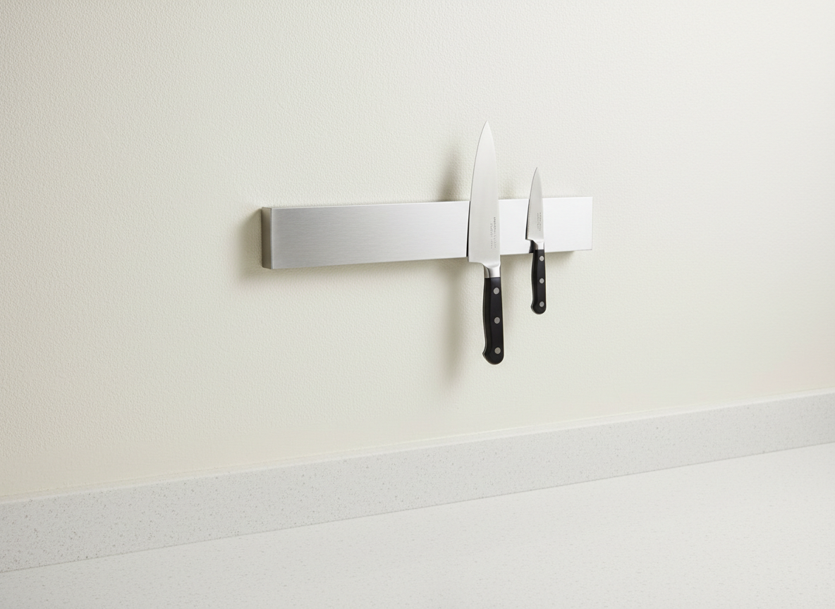 A generic magnetic strip mounted on a kitchen wall holding two knives above a worktop