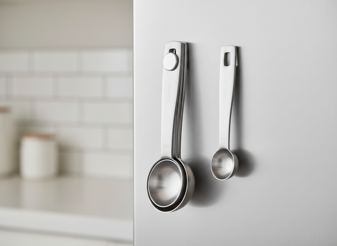 A generic set of magnetic measuring spoons, stacked and one attached to a fridge side