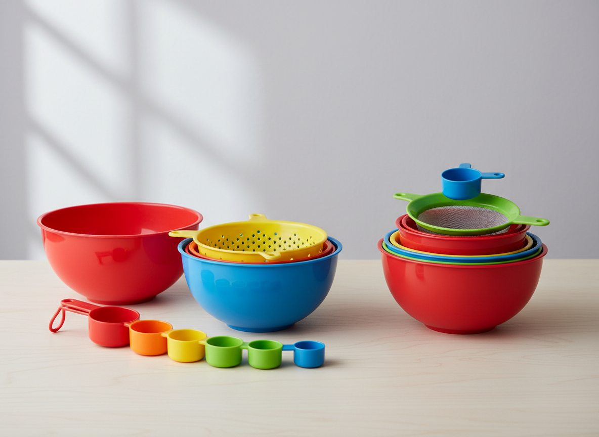 A set of colourful plastic nesting mixing bowls, a colander and measuring cups shown separately and stacked together on a light worktop