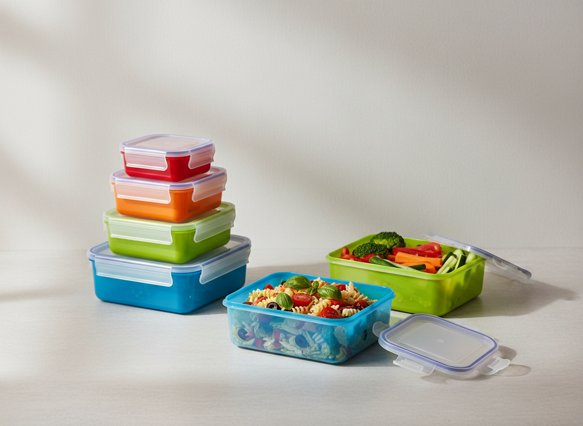 Five food storage containers in graduated sizes with snap-on lids, shown stacked in a tidy tower with colour-coded lids