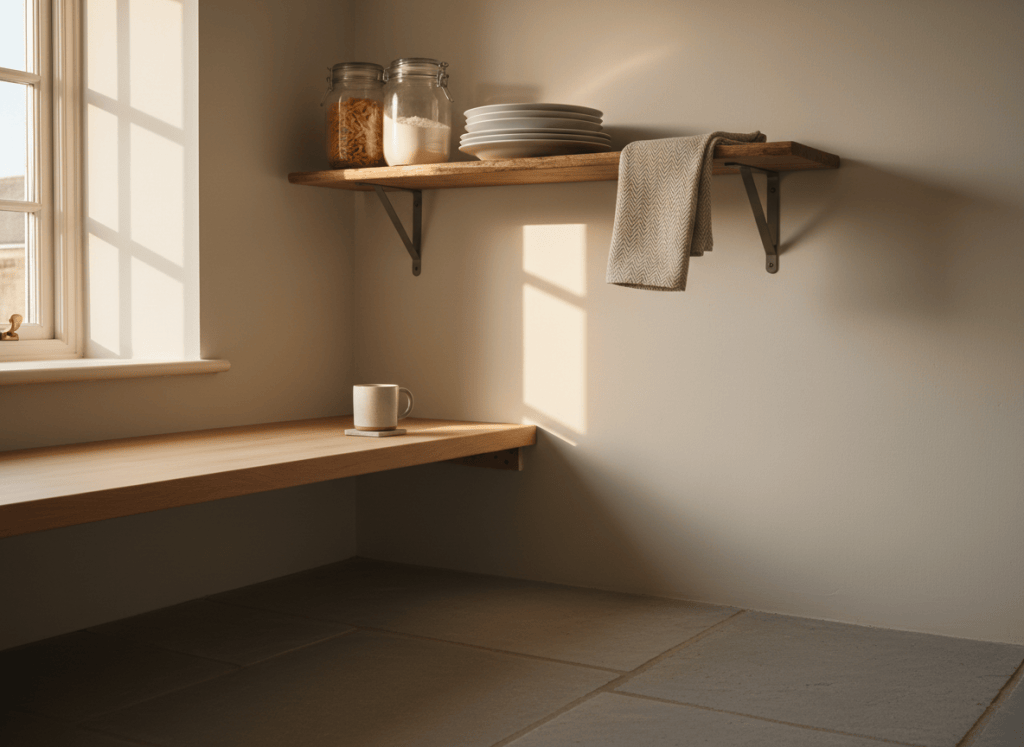 A small, tidy kitchen shelf holding plates, jars and a folded tea towel