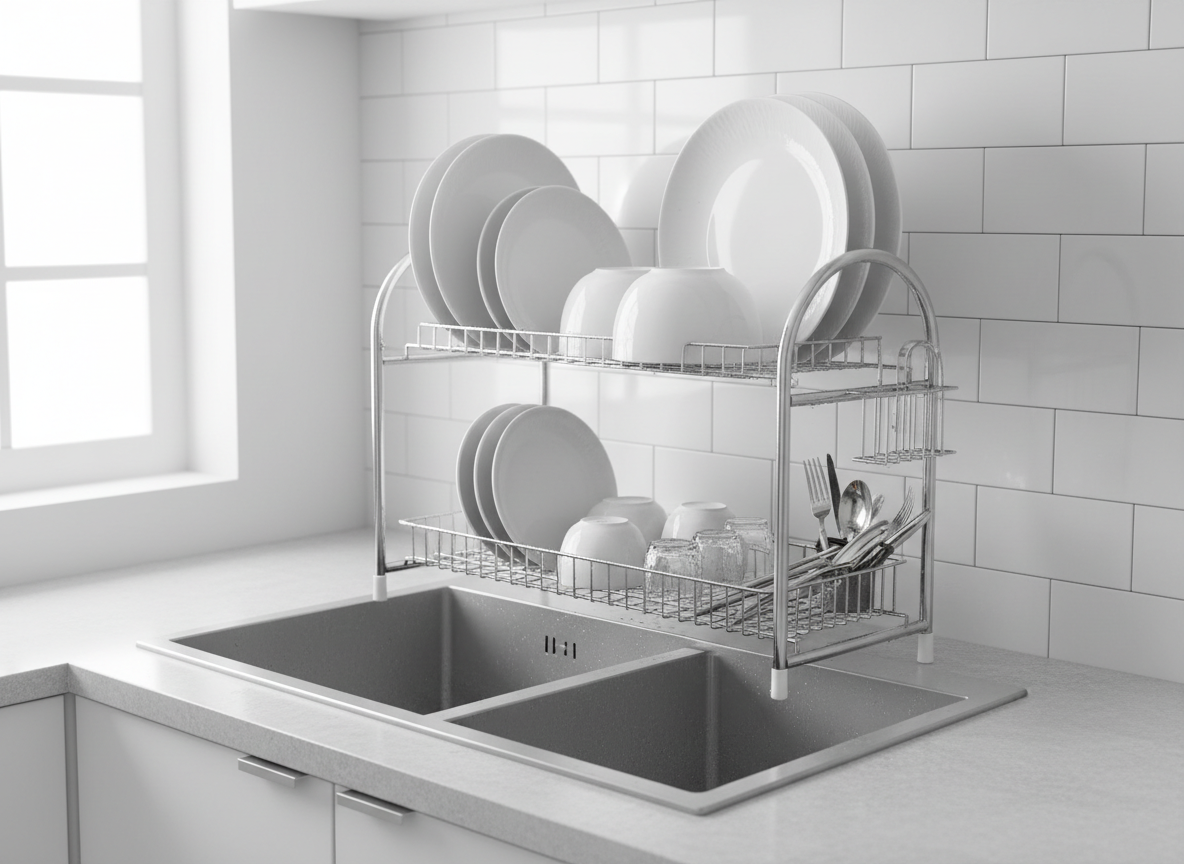 A three tier metal dish drying rack fitted over a kitchen sink