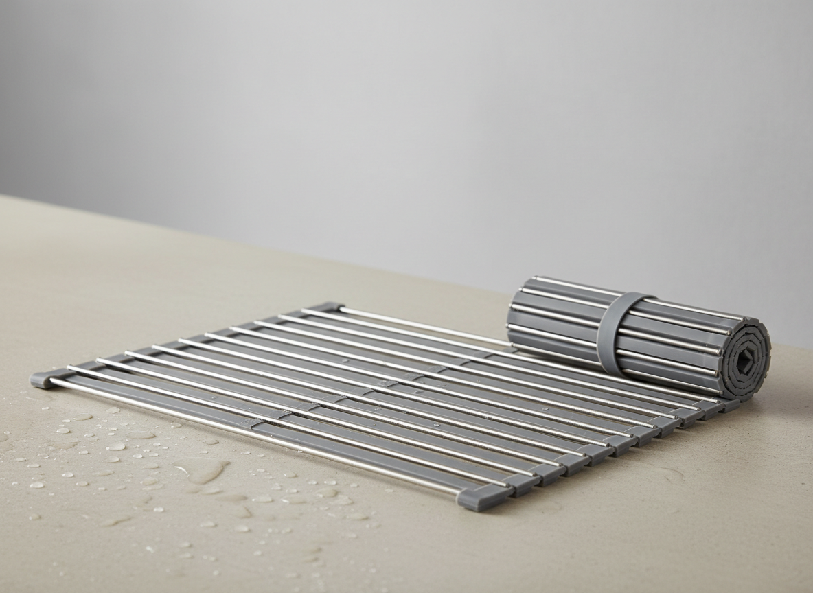 A roll up wire dish drying rack shown partly unrolled on a worktop