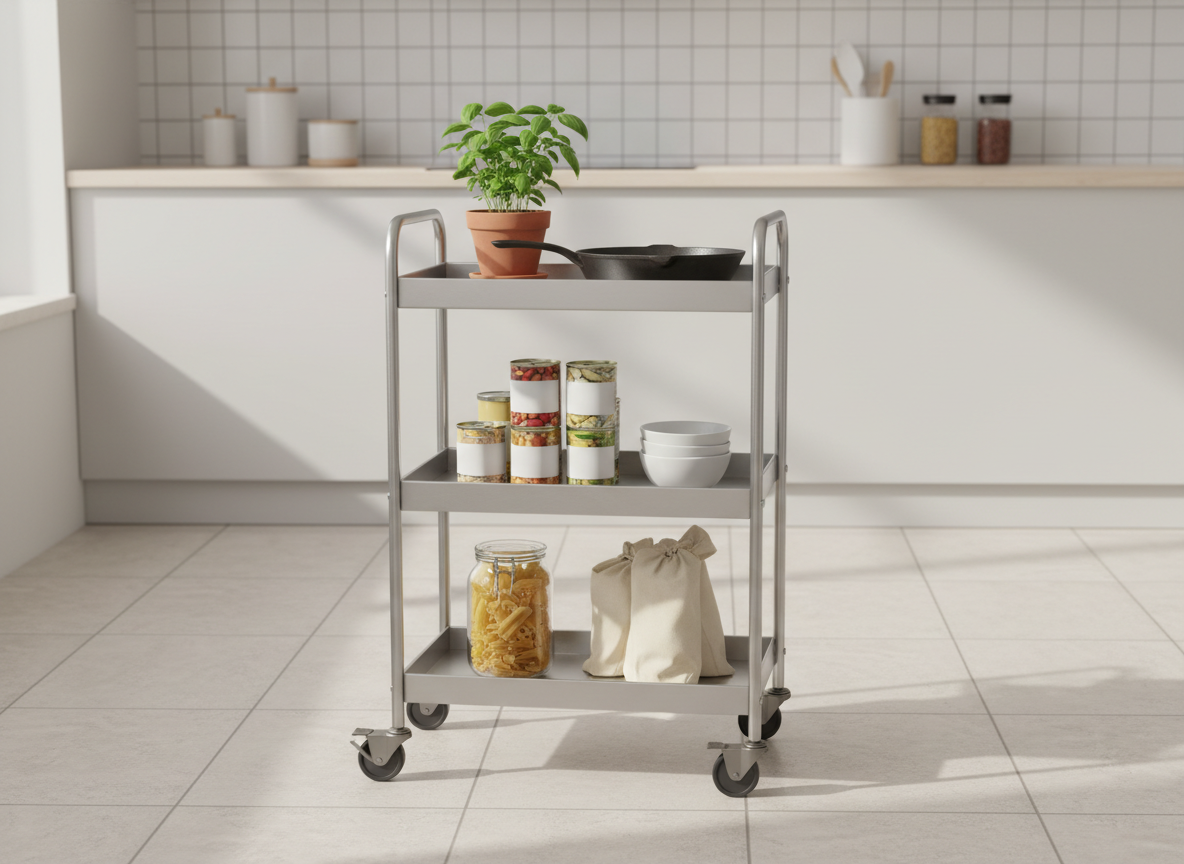 A slim three tier metal rolling kitchen trolley on wheels