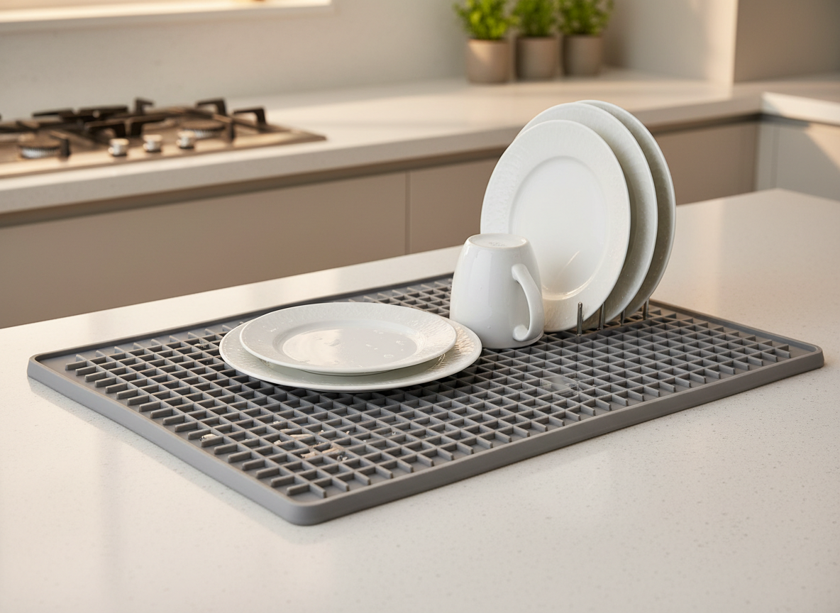 A large grey silicone drying mat on a worktop with plates draining on it