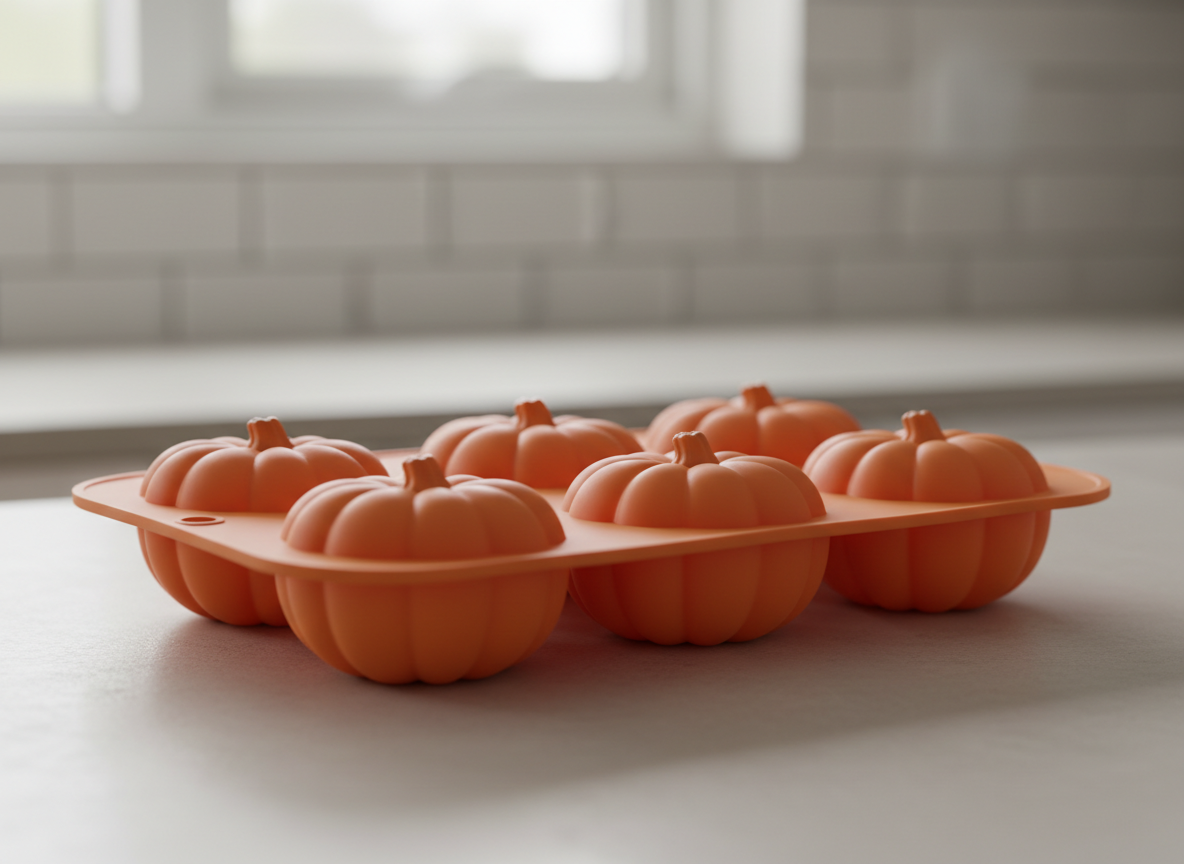 A generic silicone pumpkin-shaped baking mould on a worktop