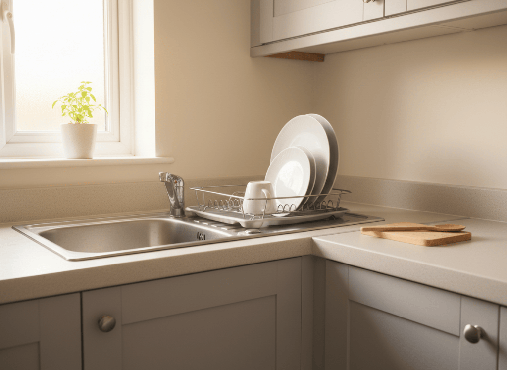 A small kitchen sink area with dishes drying, in a compact UK kitchen