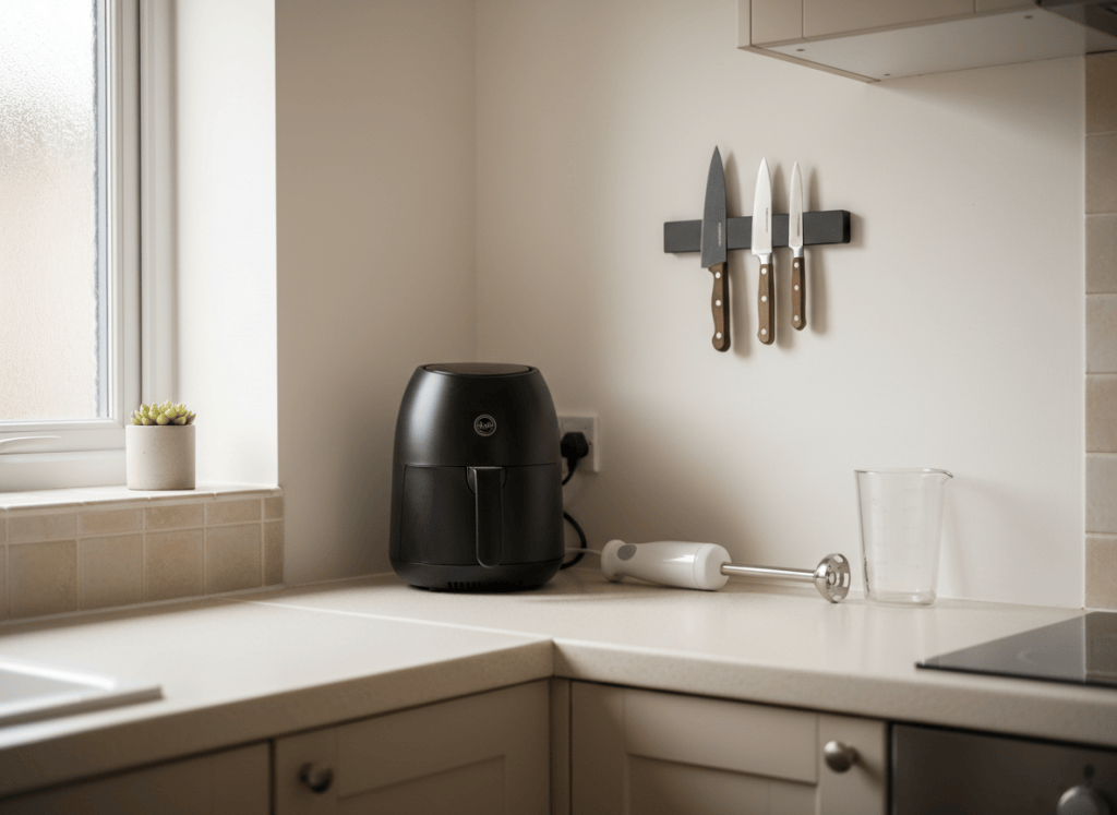 A small tidy UK kitchen worktop with a compact air fryer, a hand blender and a wall-mounted magnetic knife strip