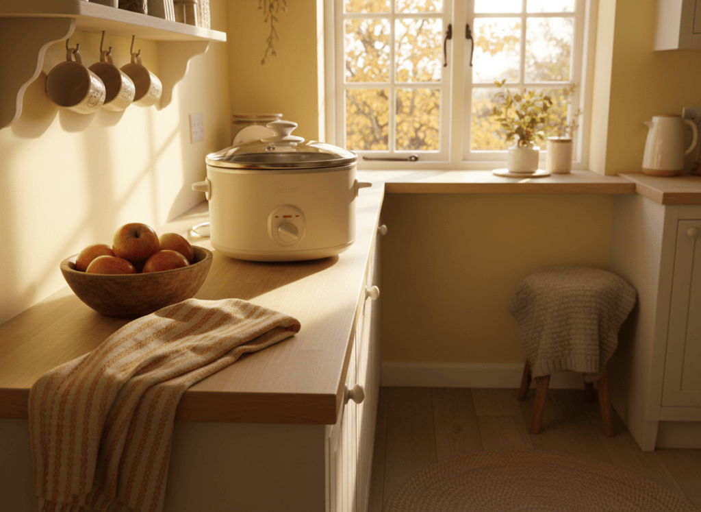 A small, bright kitchen with a compact slow cooker on a narrow worktop beside a window