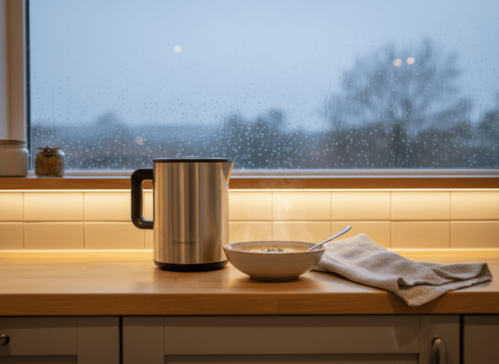 A small kitchen worktop on a rainy autumn evening with a compact soup maker and a bowl of steaming orange soup