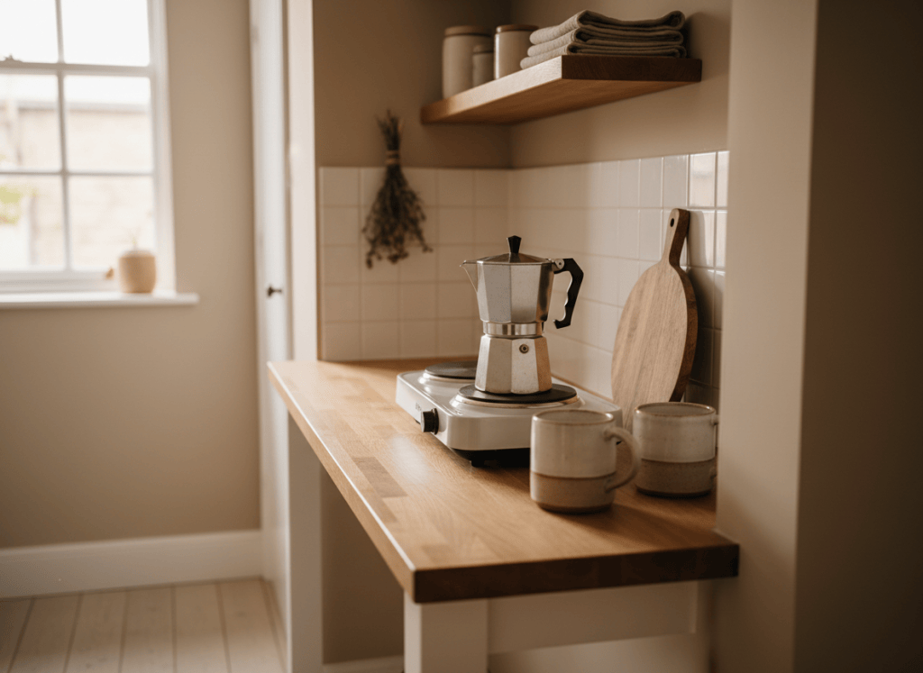 A small stovetop coffee pot on a hob in a cosy compact UK kitchen