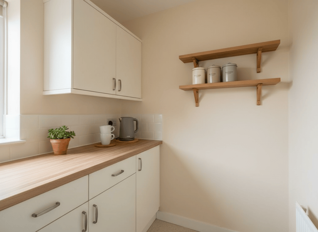 A small, tidy rented UK kitchen with compact wall storage and a clean worktop