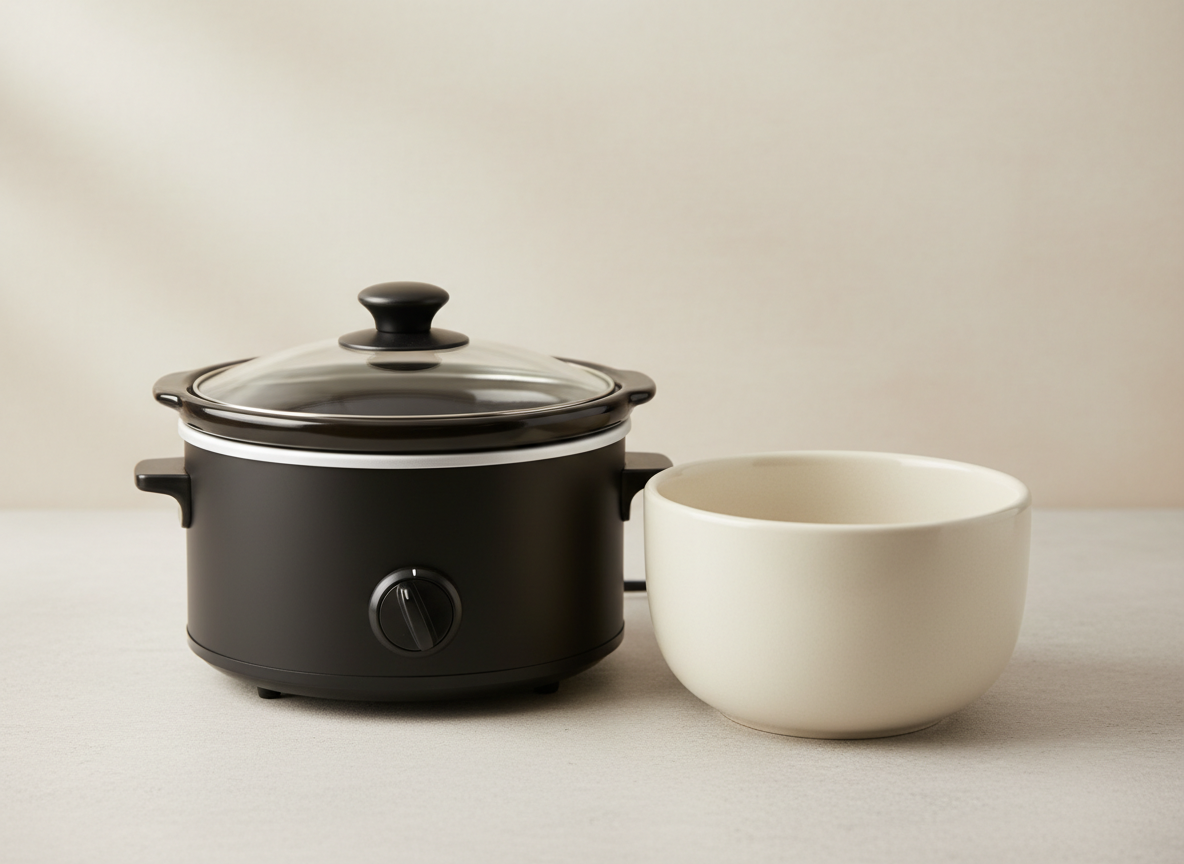 A small black slow cooker with a glass lid and a removable ceramic bowl beside it