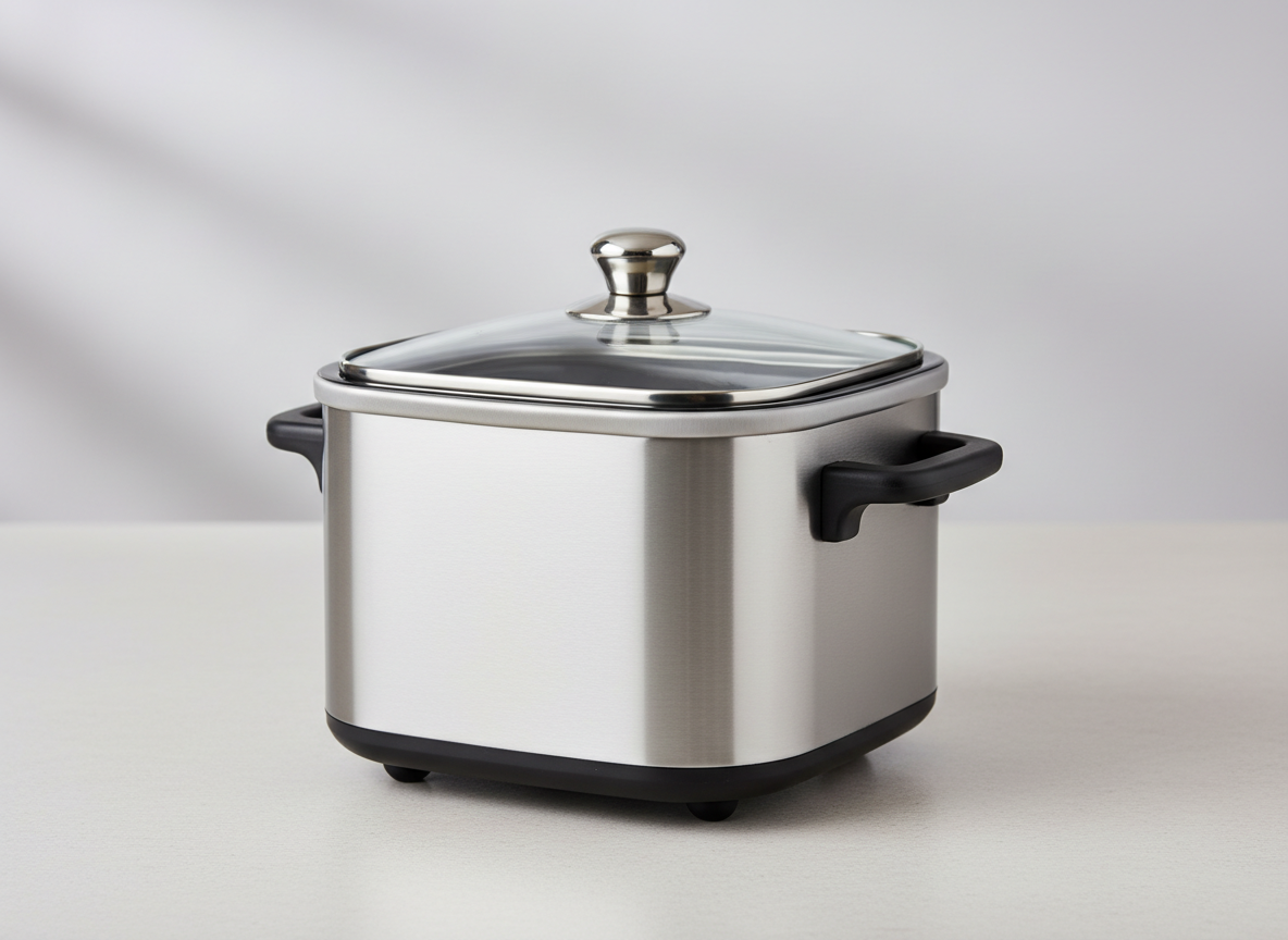 A small stainless steel slow cooker with a glass lid and two side handles on a light worktop