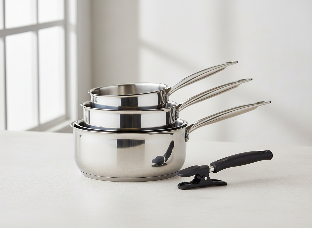 Three stainless steel saucepans of different sizes stacked inside each other with a detachable handle lying beside them