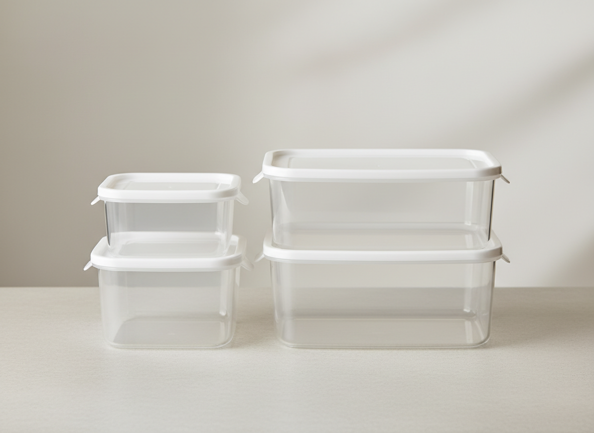 A set of generic clear stackable storage containers with white lids