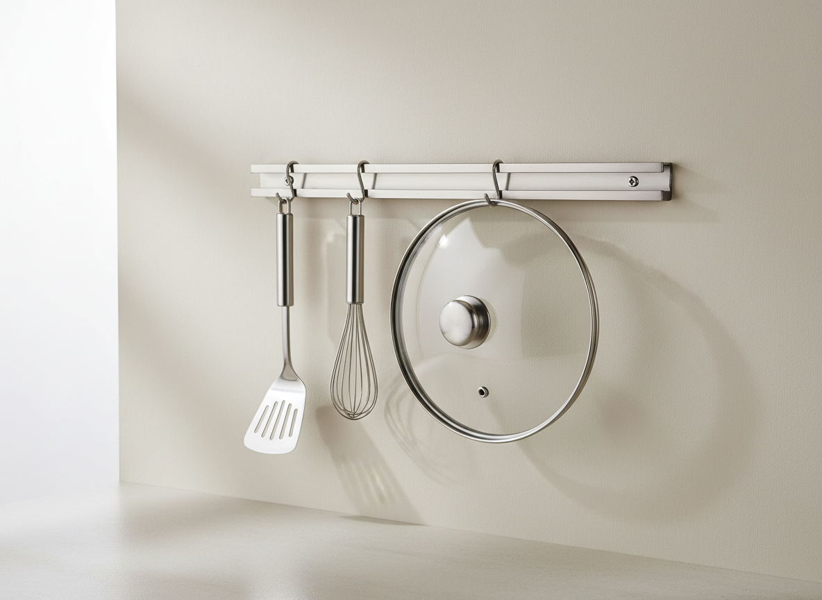 A slim wall-mounted metal rail with hooks holding kitchen utensils