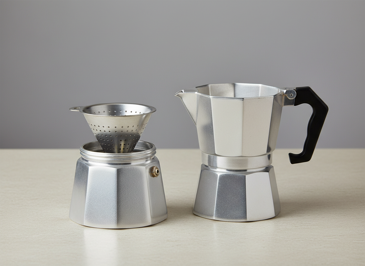 A small stovetop coffee pot taken apart to show its funnel and filter basket