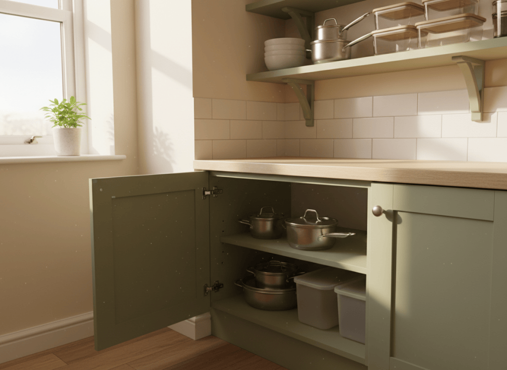 A small, tidy kitchen with stacked bowls and pans on an open shelf beside a cupboard