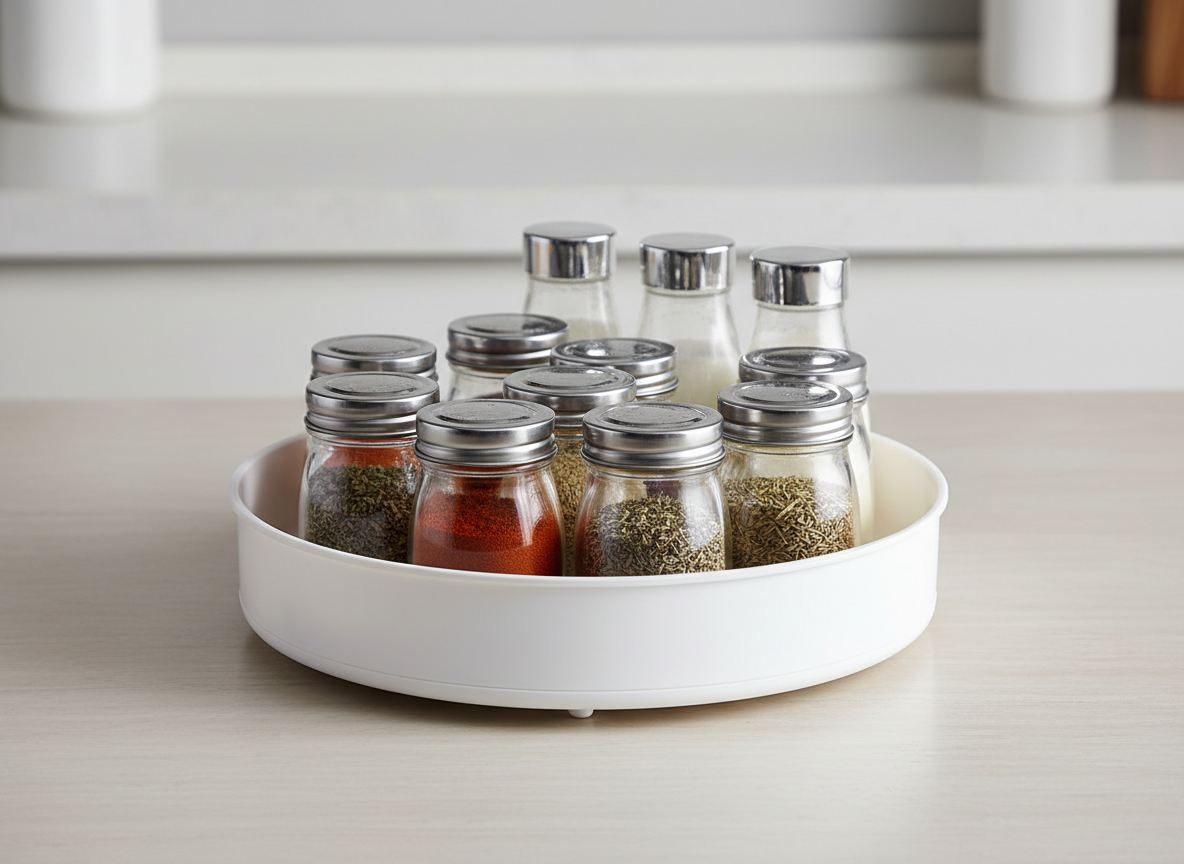 A generic round turntable organiser holding spice jars and bottles