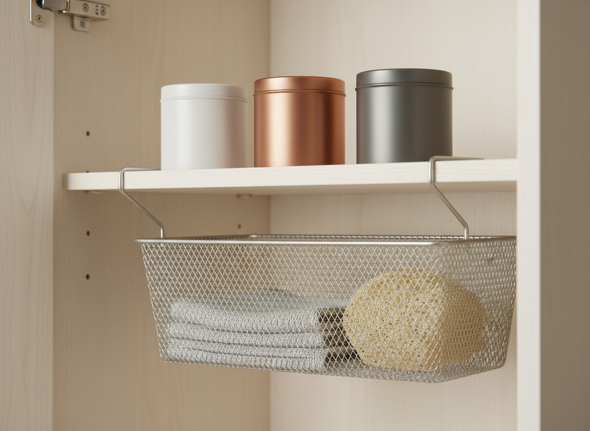 A wire basket hanging underneath a kitchen shelf for extra storage