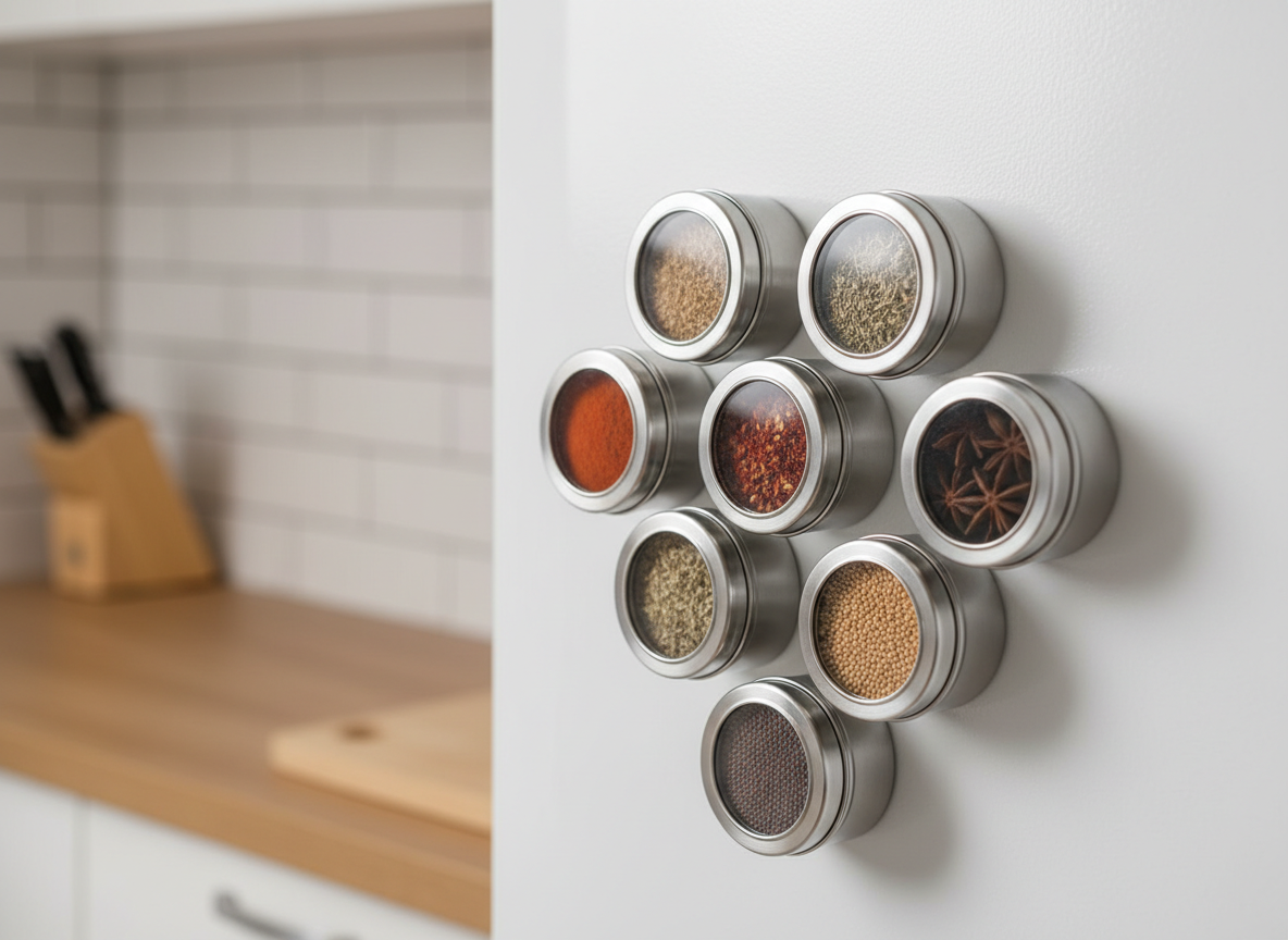 A generic set of small round magnetic spice tins stuck to the side of a plain white fridge
