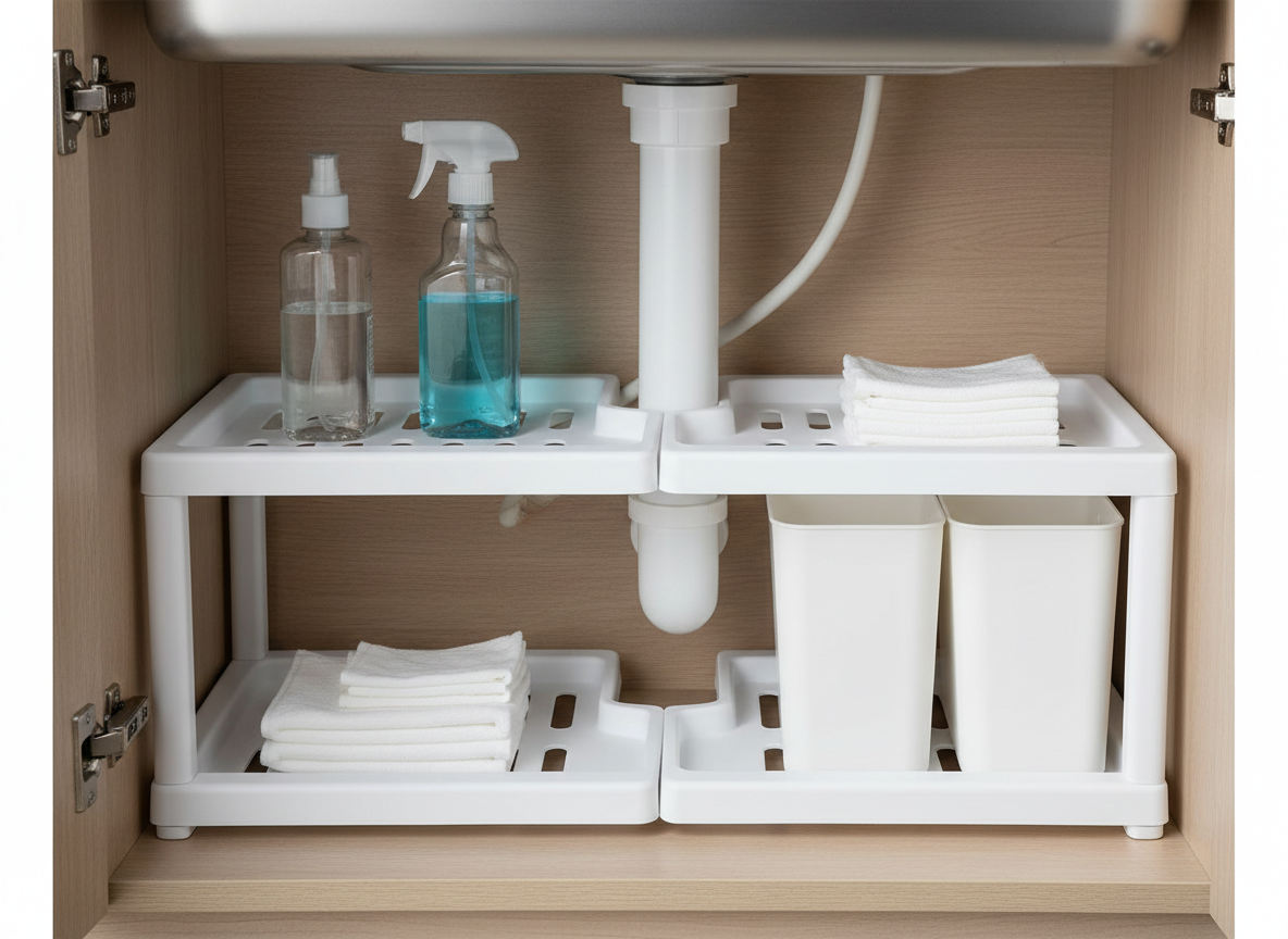 A generic two-tier expandable white under-sink storage shelf fitted inside a kitchen cupboard around a pipe, holding a spray bottle and folded cloths
