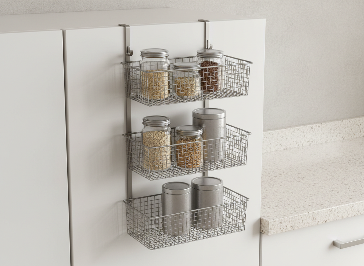 A generic wire metal over-the-door storage rack with four basket shelves hanging over a plain white cupboard door, holding a few jars and tins