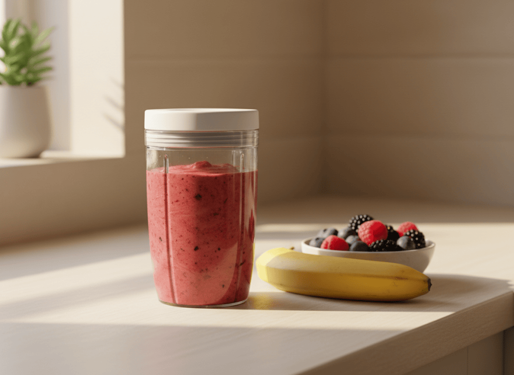 A small UK kitchen worktop with a personal blender cup of smoothie beside a banana and a bowl of berries in morning light