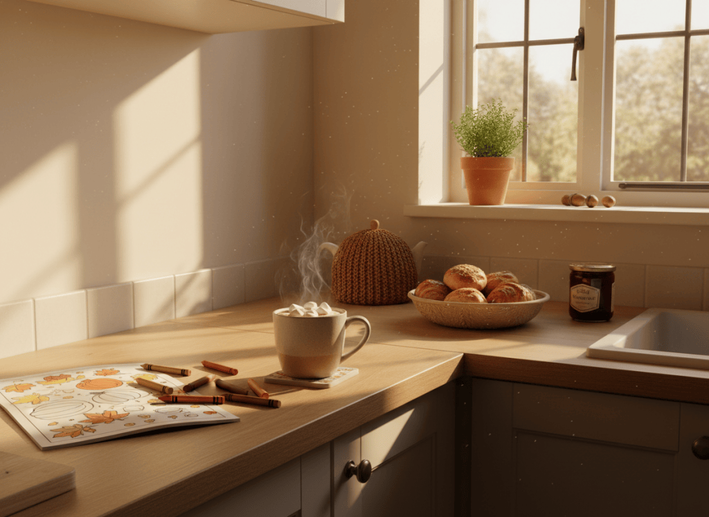 A warm, softly lit small UK kitchen scene on half term morning: a compact light-wood worktop corner with a child's colouring book and crayons pushed to one side, a mug of hot chocolate, and warm autumn light through a window. Cosy, homely, no people, no text, no logos, no brand names.